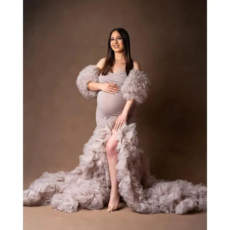 Soft Tulle Mermaid Maternity Gown - Off Shoulder Puffy Slit for Baby Shower & Pregnancy Photoshoot Dresses платье для беременных Peaceful Pleasures Health and Wellness