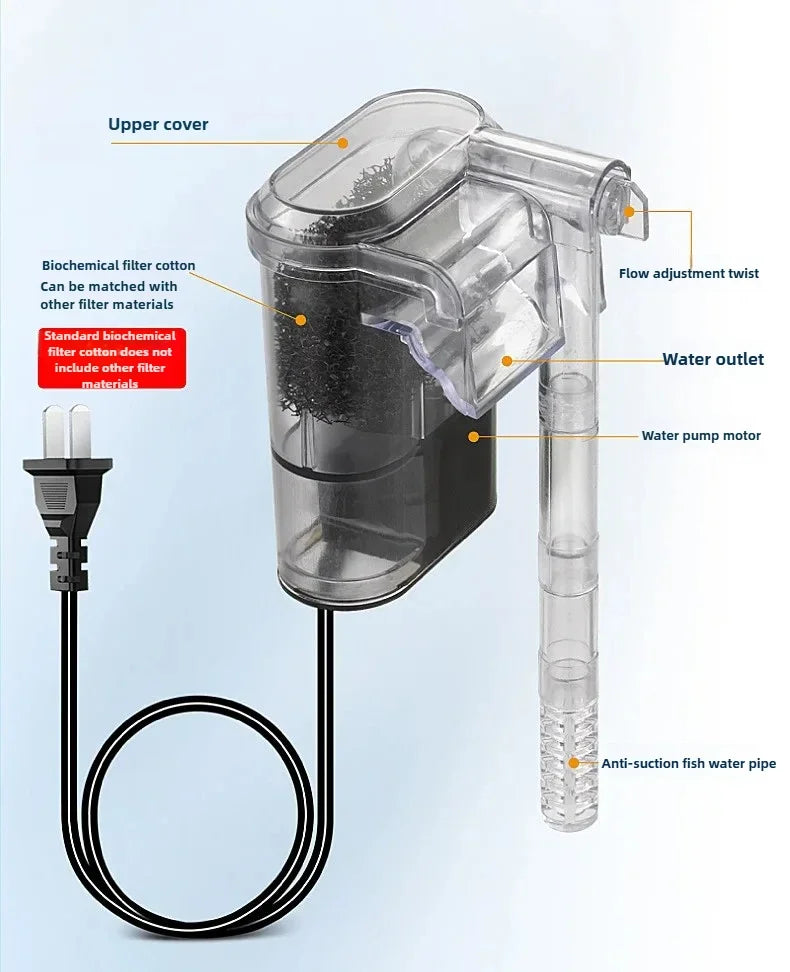 Hang On Back Aquarium Filter Ultra-Quiet 3-Layer Foam 30–80L Tank