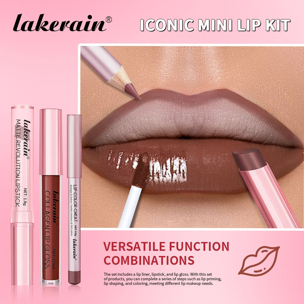 3pcs Lip Makeup Set Lip Liner Lip Gloss Lipstick Mirror Effect Beep Lips High Color Long-lasting Hydrates Travel Mini Set Peaceful Pleasures Health and Wellness