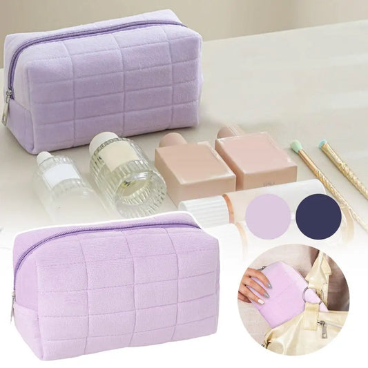 Cute Soft Plush Small Cosmetic Bag Portable Travel Pouch Solid Color Zipper Toiletry Storage Organizer for Women Makeup Bag Peaceful Pleasures Health and Wellness