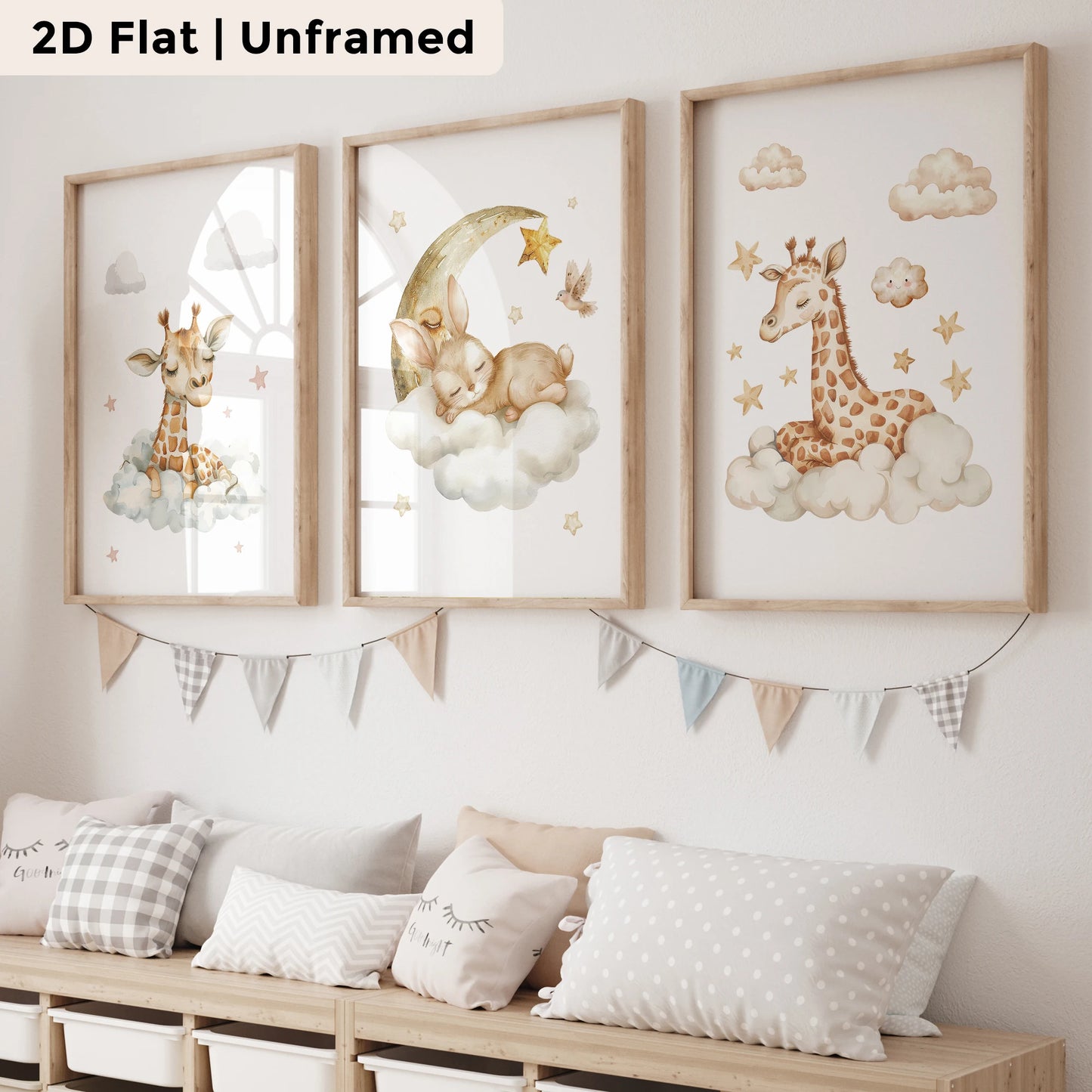 3-Piece Cartoon Giraffe Rabbit Canvas Wall Art | Kids Room Decor