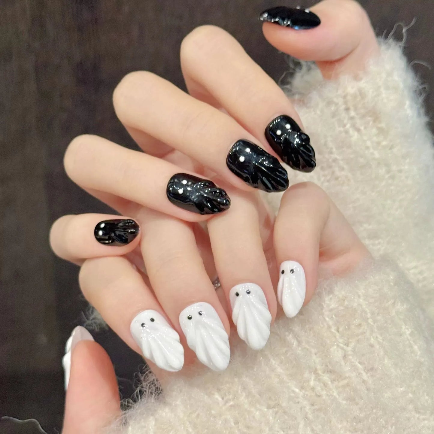 Halloween Ghost Press On Nails | 3D Almond Fake Nails Set 10pc Press On Nails Peaceful Pleasures Health and Wellness