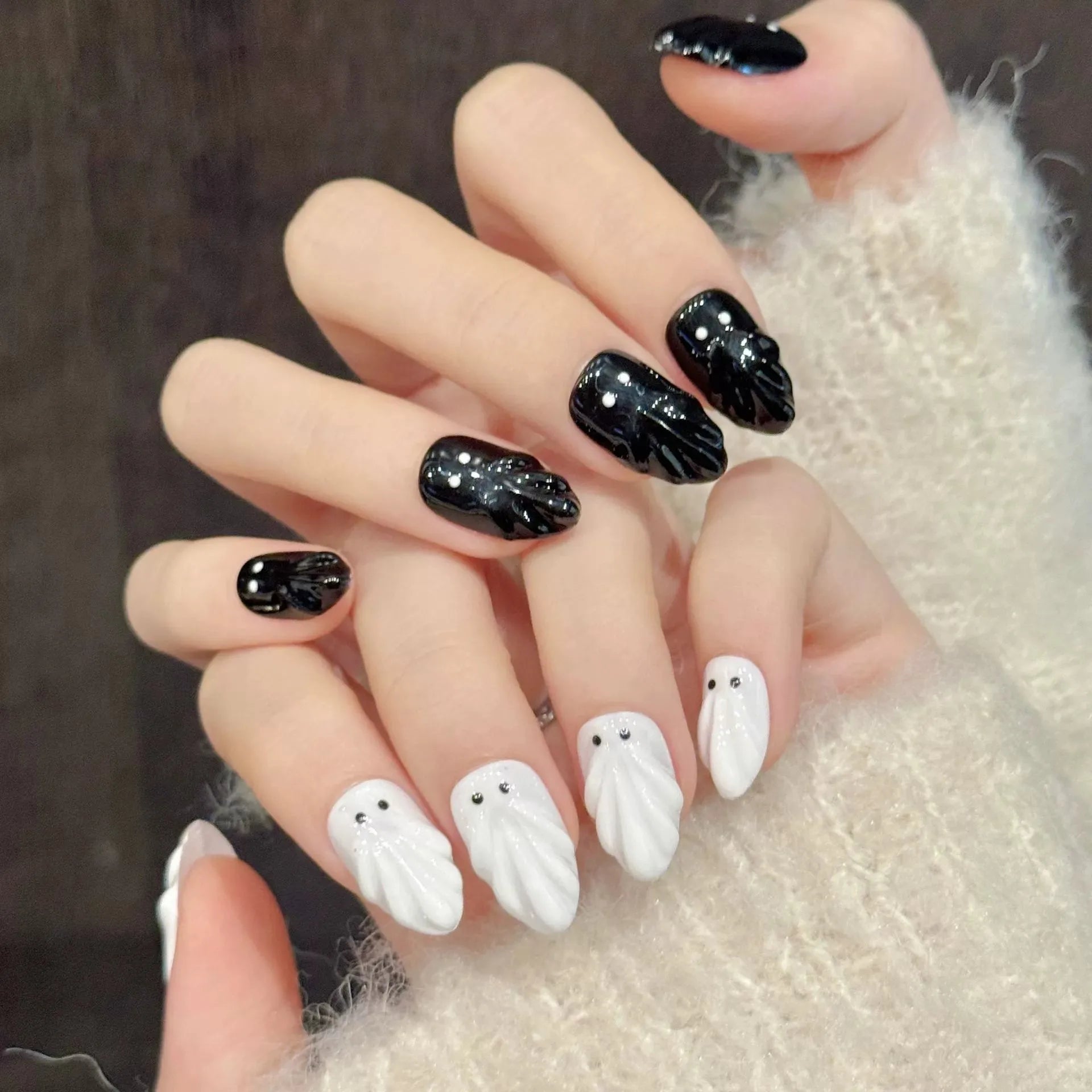Halloween Ghost Press On Nails | 3D Almond Fake Nails Set 10pc Press On Nails Peaceful Pleasures Health and Wellness