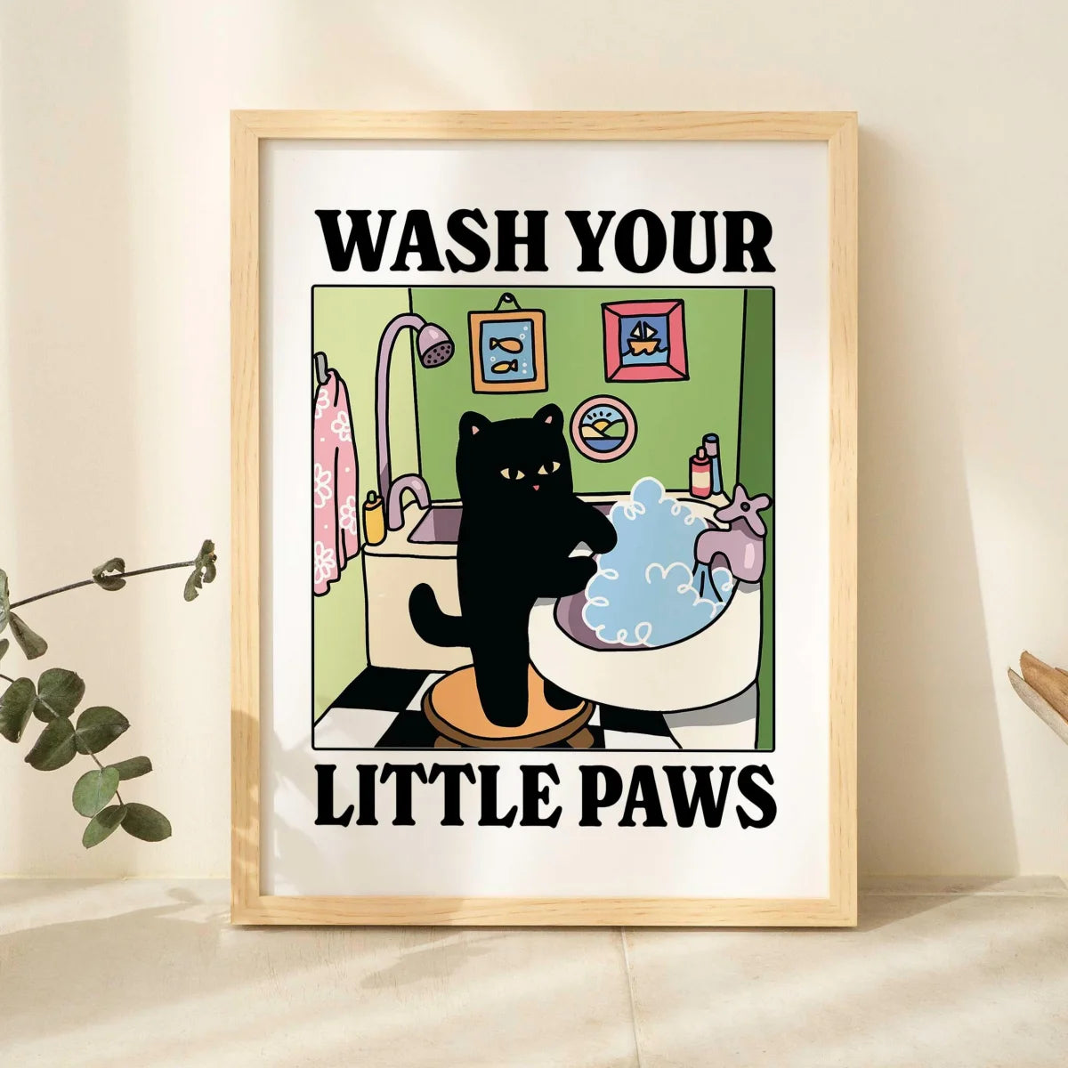 Funny Cat "Wash Your Paws" Canvas Wall Art | Bathroom Decor