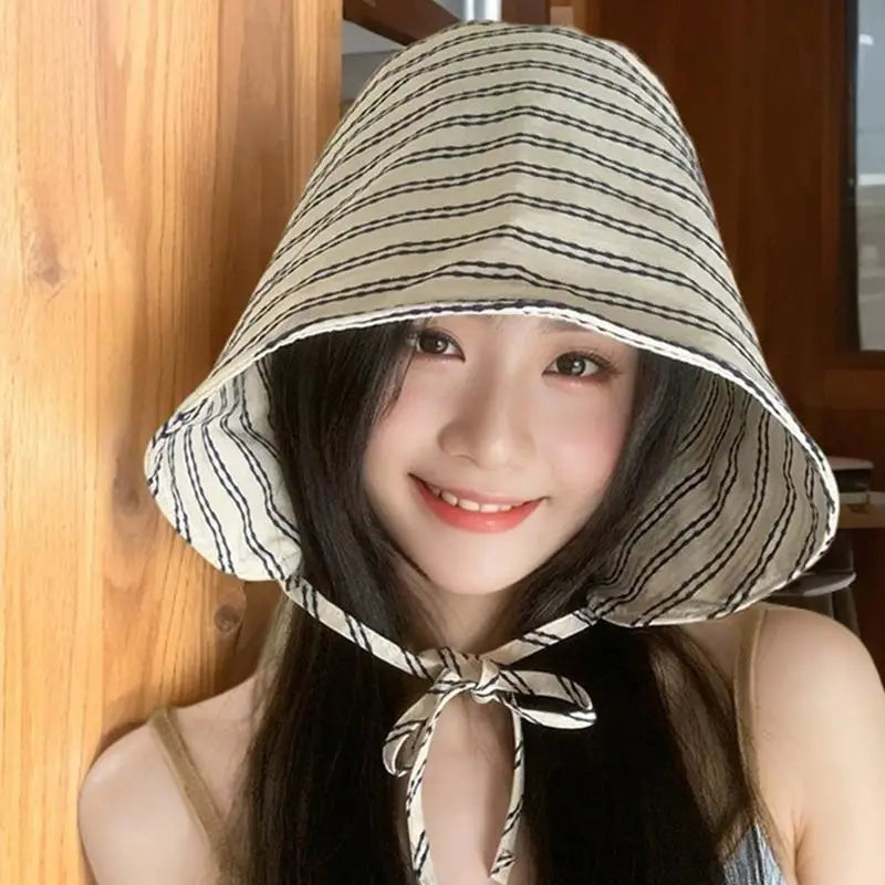 Women's Wide Brim Striped Bucket Hat – Foldable Sun Cap