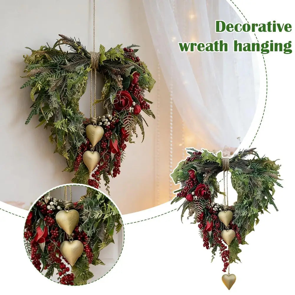 Festive Rattan Wreath with Berries & Hearts | Holiday Wall Decor