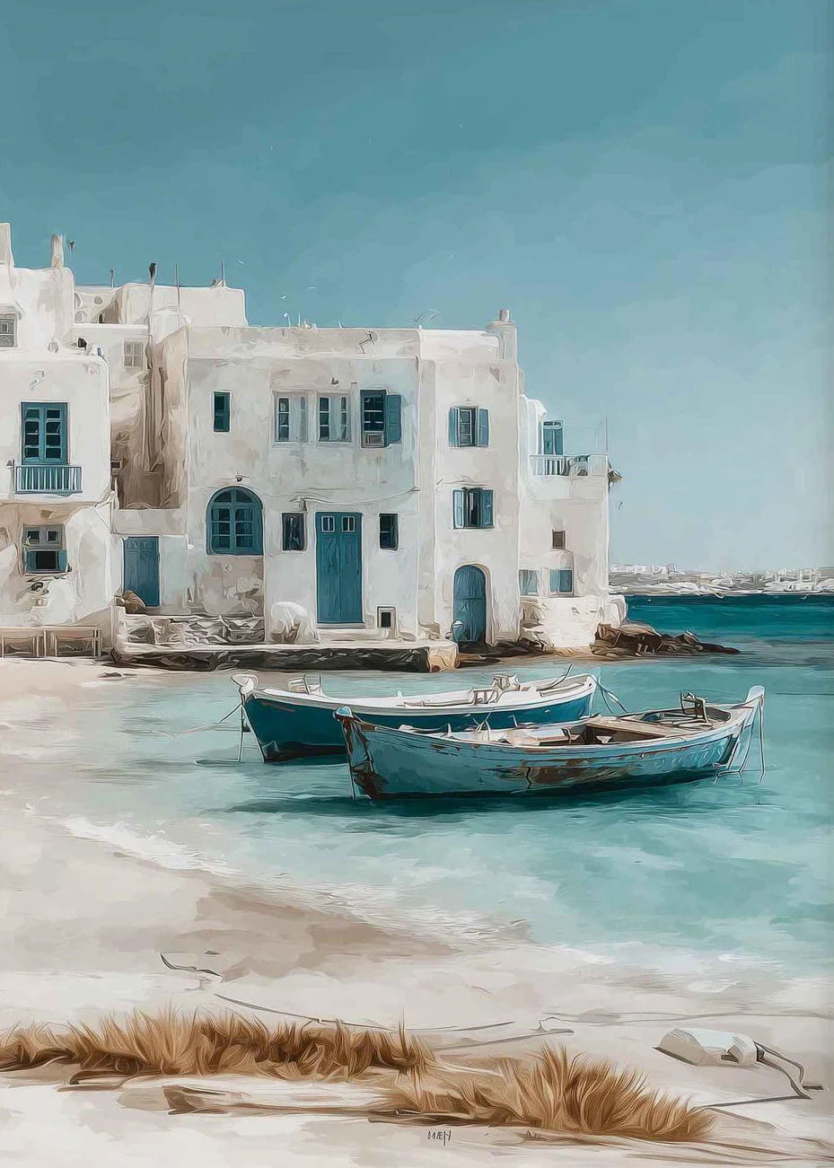 Santorini Mediterranean Coastal Canvas Wall Art Print | Unframed