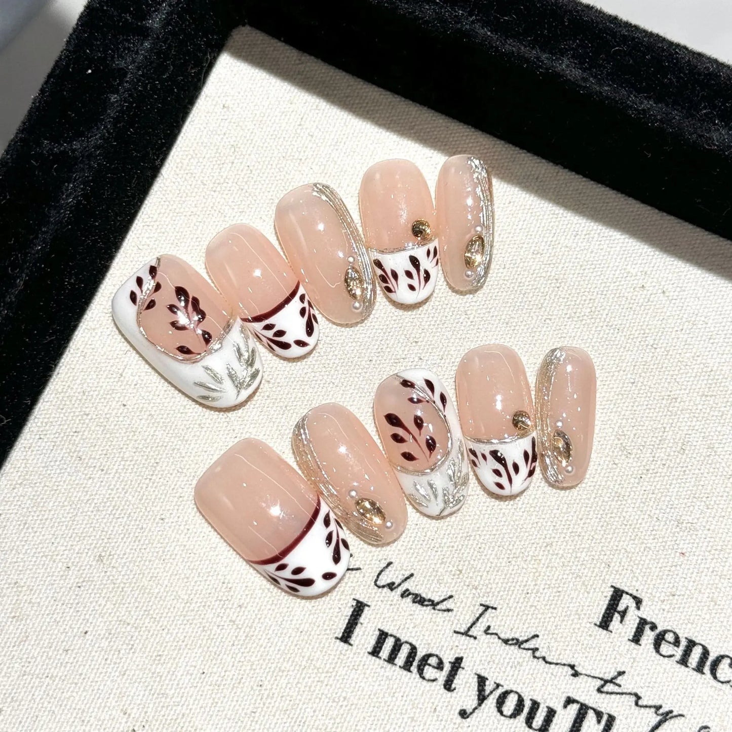 Handmade Maple Leaf Press-On Nails | French Diamond Milk White