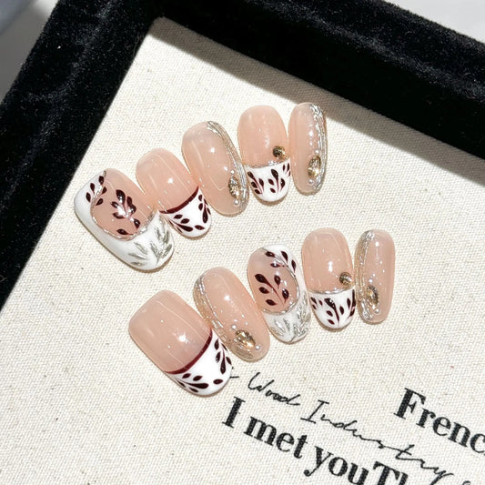 Handmade Maple Leaf Press-On Nails | French Diamond Milk White Press-On Nails Peaceful Pleasures Health and Wellness L