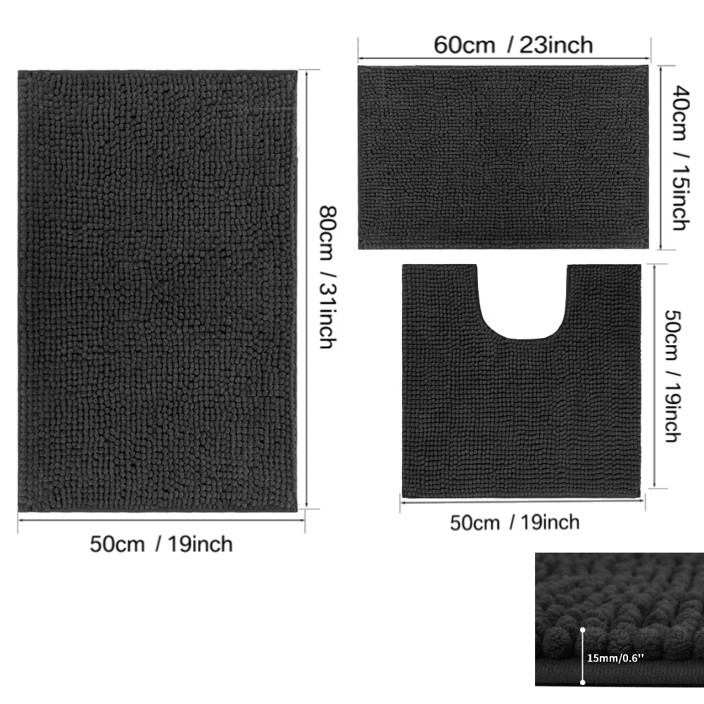 3Pc Sets Bath Mats Non Slip Memory Foam Bathroom Soft Rugs Water Absorption Dry Fast Bath Mat Machine Washable For Home Floor Peaceful Pleasures Health and Wellness 15mm Chenille black 3pcs set