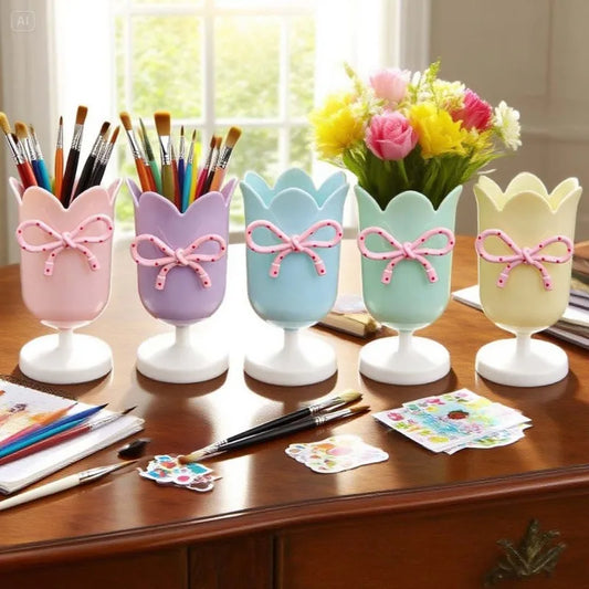 Plastic Flower Vase with Bowknot Aesthetic Decorative Vase Wedding Flower Arrangement DIY Flowerpot Home Office Decor Pen Holder Peaceful Pleasures Health and Wellness