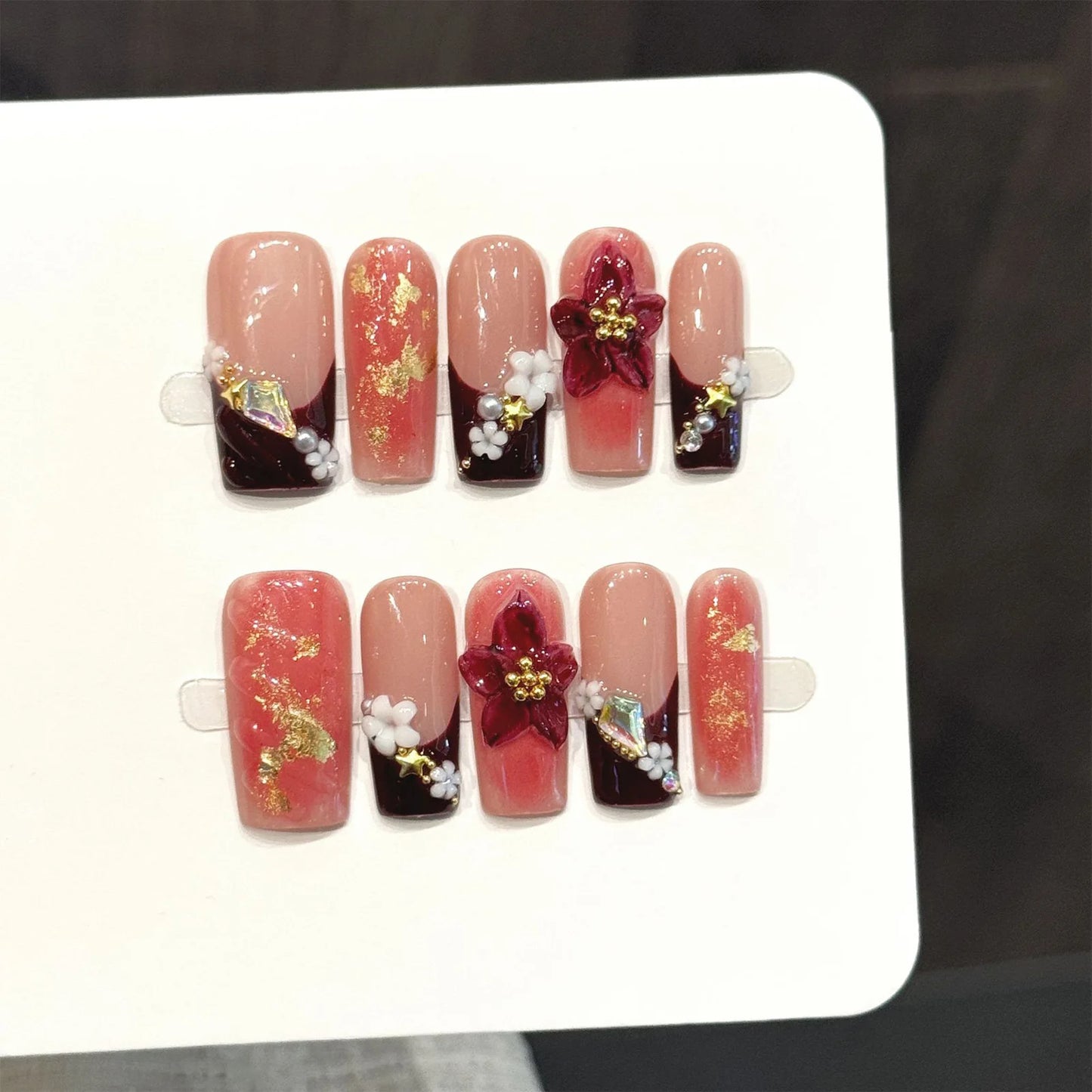 Wine Red French Press On Nails | 3D Sakura & Gold Foil – 10pc