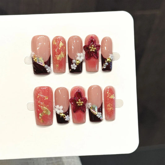 Wine Red French Press On Nails | 3D Sakura & Gold Foil – 10pc Press On Nails Peaceful Pleasures Health and Wellness