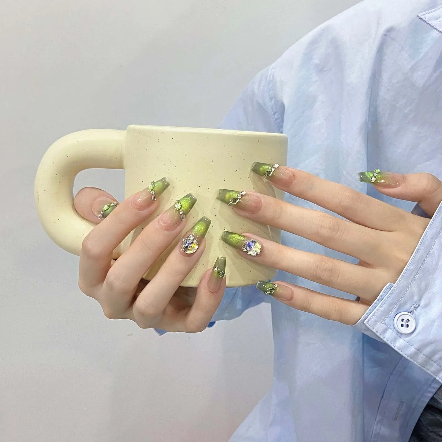 Handmade Press on Nails French Green Cat Eye Fake Nails with Rhinestone Design Wearable Detchable Long Ballet Coffin Fake Nails Peaceful Pleasures Health and Wellness