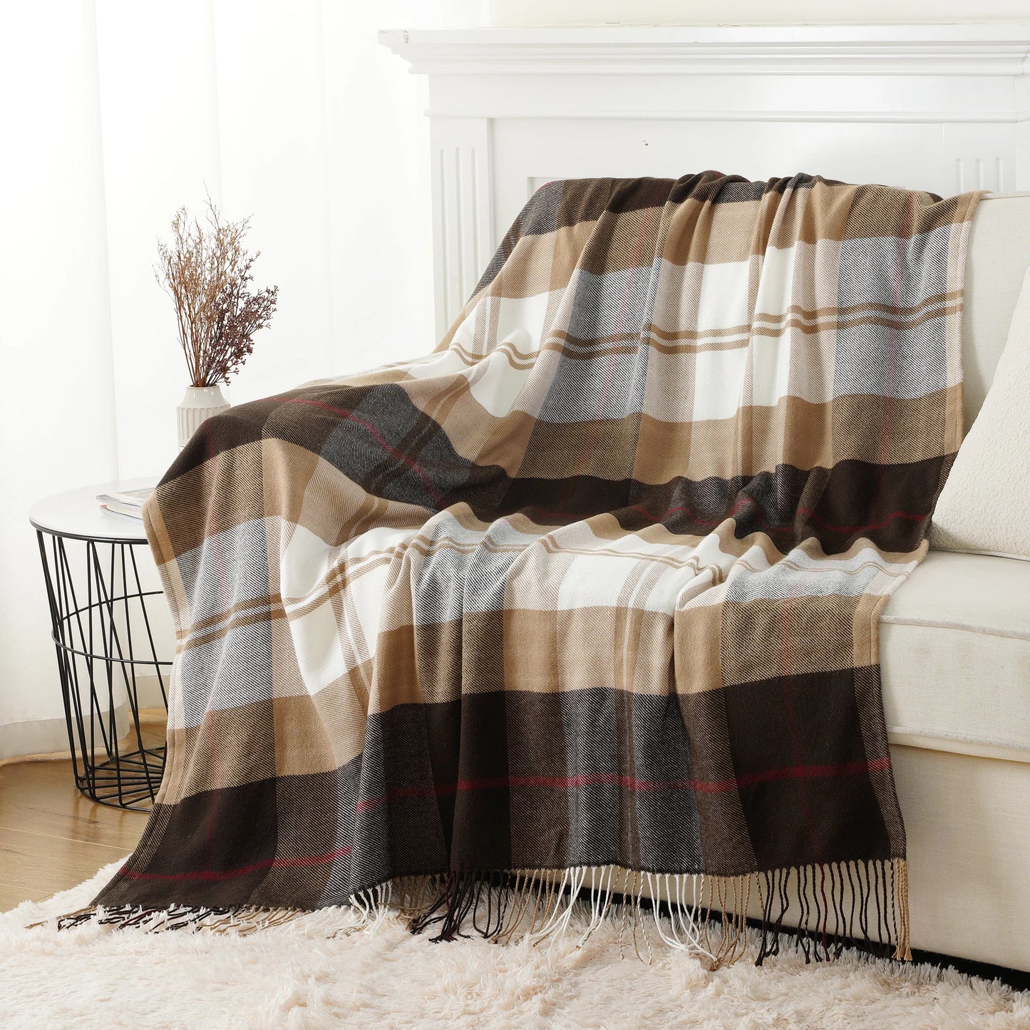 Battilo Plaid Knit Throw Blanket | Beige Tassel Sofa Blanket