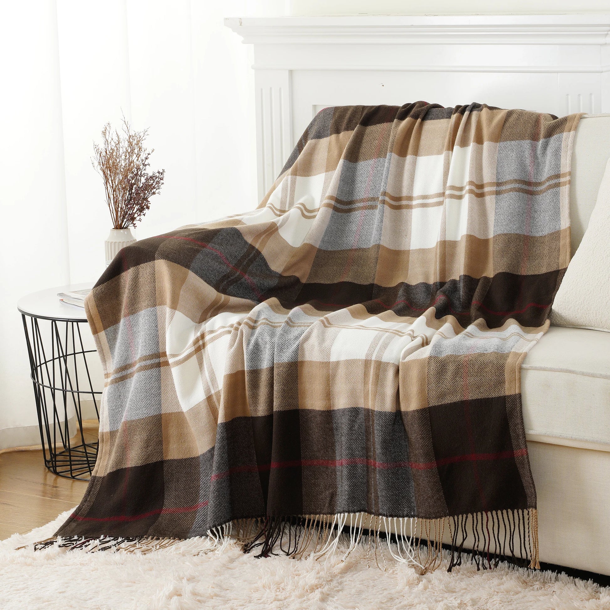 Battilo Plaid Throw Blanket for Bed Couch Beige Lightweight Sofa Blanket Cashmere Blanket with Tassels Knit Throw for All Season Peaceful Pleasures Health and Wellness