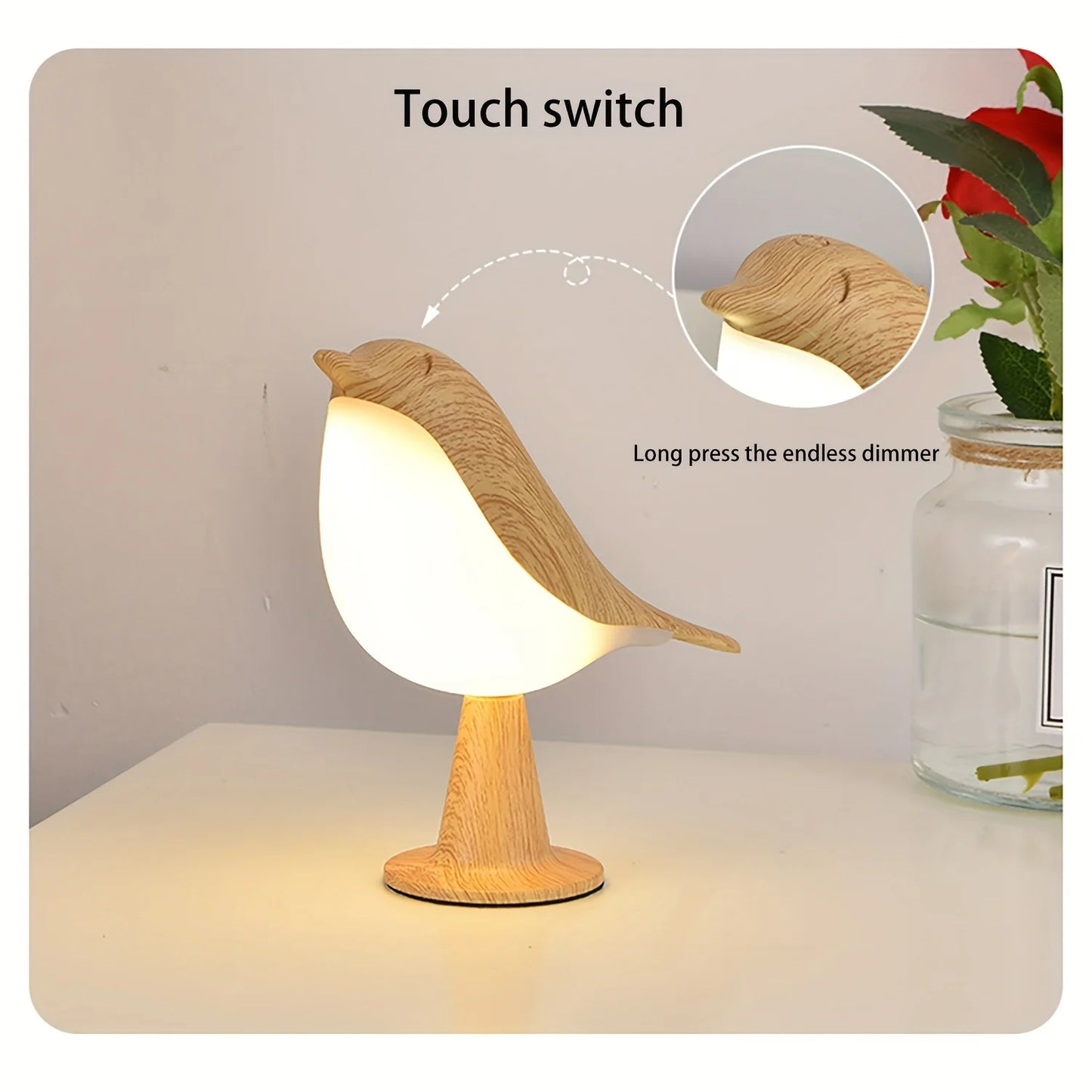 A cute LED night lamp featuring a small bird design, a three-adjustable-setting bedside lamp, an artistic, rechargeable, touch-o Peaceful Pleasures Health and Wellness