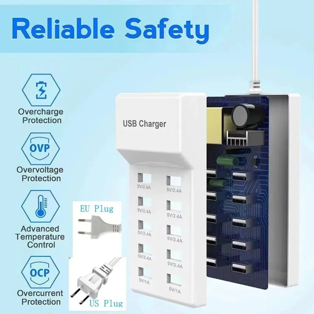 10-Port USB Charging Station 5V 15A | Desktop Hub EU US UK