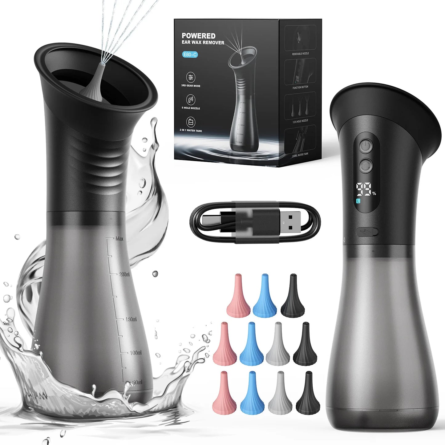 Electric Ear Wax Removal System Water Powered Ear Cleaning Tool with Irrigation Flusher 3 Pressure Settings Safe & Effective Peaceful Pleasures Health and Wellness Colorful
