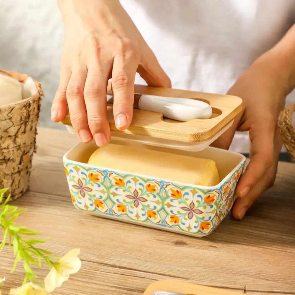 Farmhouse Ceramic Butter Dish with Lid & Knife Set