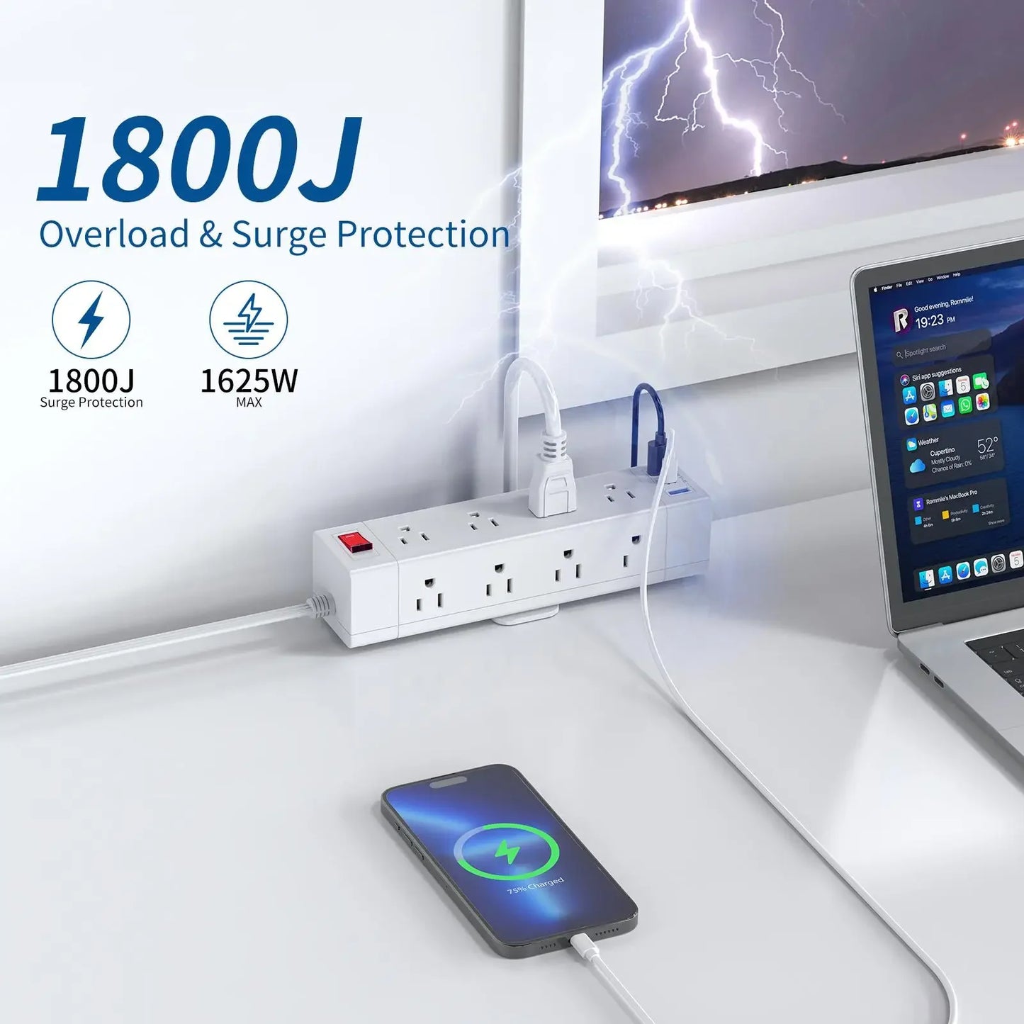 PASSUS 3-Way Power Strip with PD20W Fast Charging & Safety Switch Peaceful Pleasures Health and Wellness