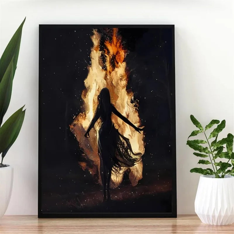 Gothic Witch Bonfire Canvas Print | Halloween Dark Academia Art Canvas Art Print Peaceful Pleasures Health and Wellness