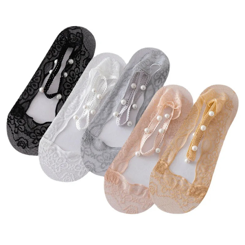 5 Pairs of Women's Lace Invisible Socks, Summer Sexy And Elegant Transparent Boat Socks, Pearl Strap Anti Slip Ankle Socks Peaceful Pleasures Health and Wellness 5 Pairs Mix One Size