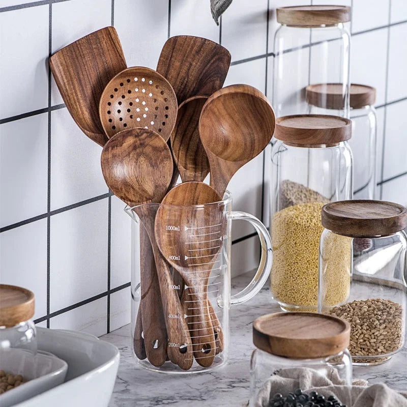 7pcs/set Teak Natural Wood Tableware Spoon Ladle Turner Rice Colander Soup Skimmer Cooking Spoon Scoop Kitchen Reusable Tool Kit Peaceful Pleasures Health and Wellness