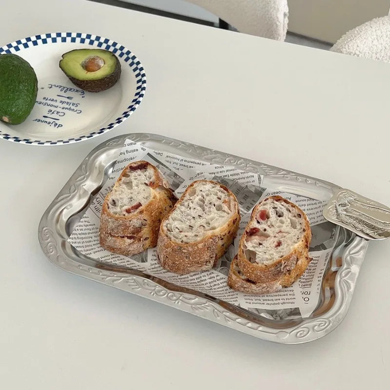 Hot Stainless Steel Rectangular Tray with Embossed Design for Kitchen Living Room Storage Durable Fruit Snack Cake Serving Dish Peaceful Pleasures Health and Wellness