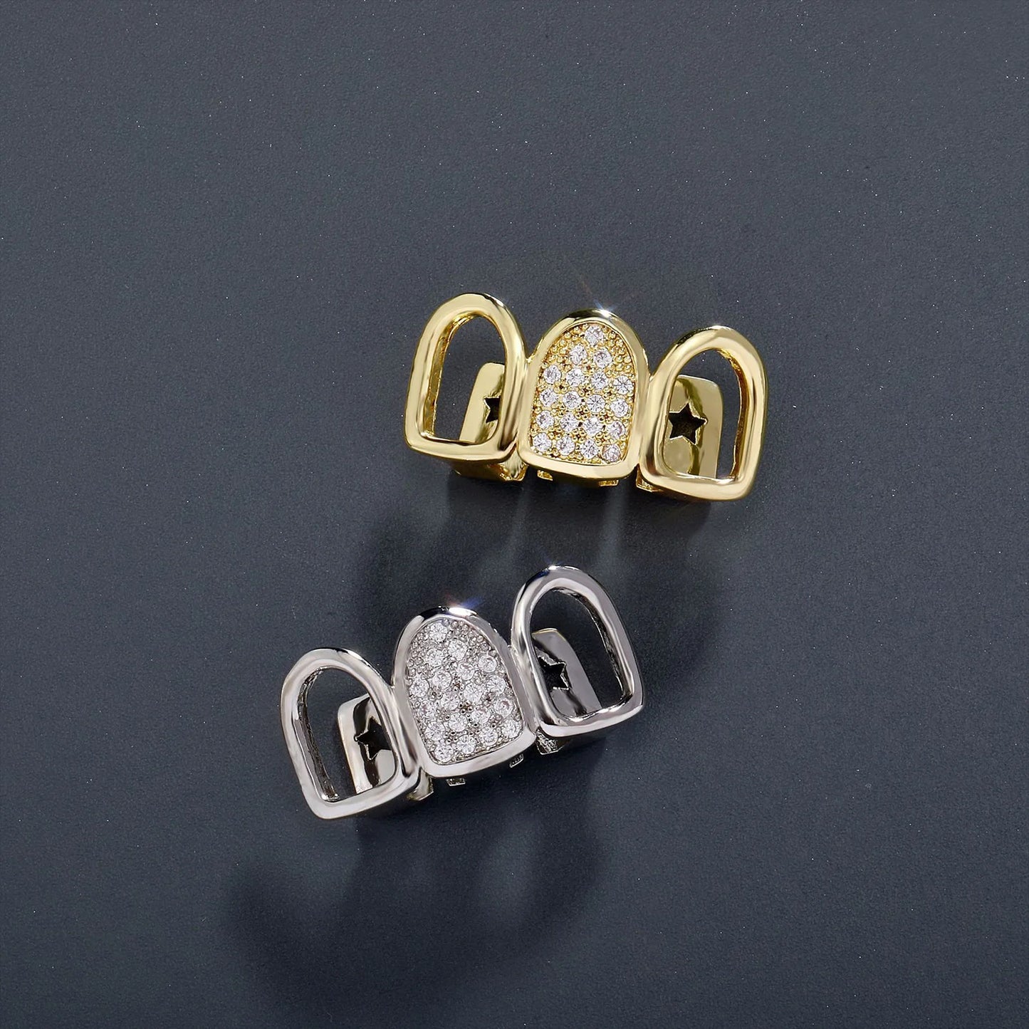Rhinestone Teeth Cover Gold Plated Hollow Out Three Row Grillz With Zirconia Teeth Cover For Halloween Party Stage Performance Peaceful Pleasures Health and Wellness