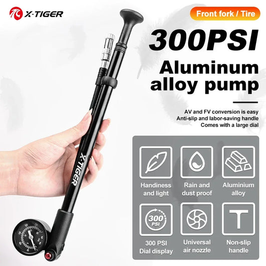 X-TIGER 300PSI Portable Bike Pump with Pressure Gauge | AV/FV Bicycle Shock Pump Oasis Select