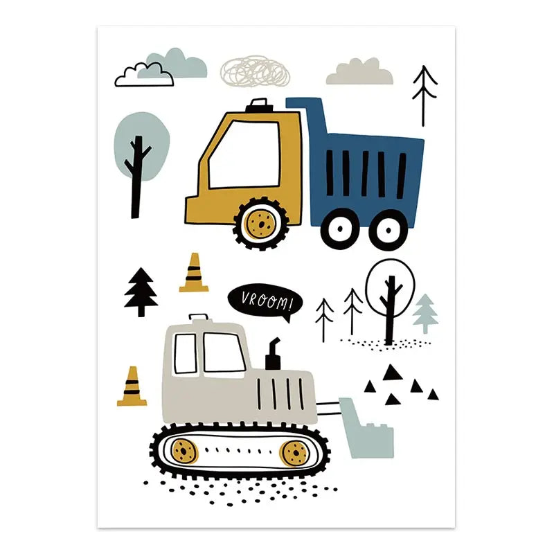 Cartoon Construction Vehicles Canvas Wall Art | Boys Nursery