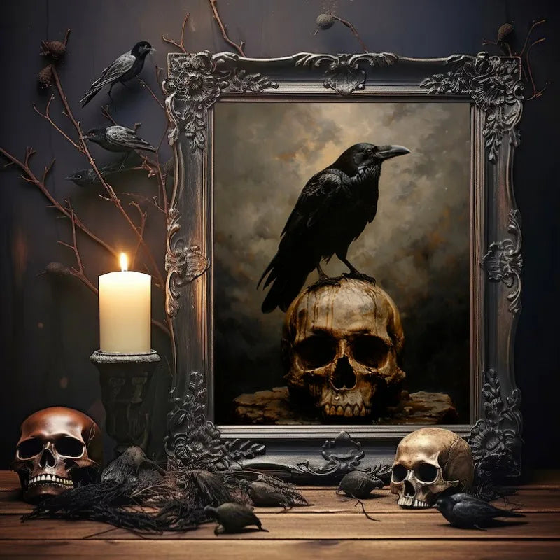 Dark Academia Antique Gothic Castle Wildflowers and Books Crow Owl Animal Poster Canvas Painting Wall Art Pictures Home Decor Peaceful Pleasures Health and Wellness