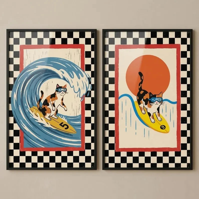 3-Piece Retro Japanese Wave Cat Surfing Canvas Wall Art