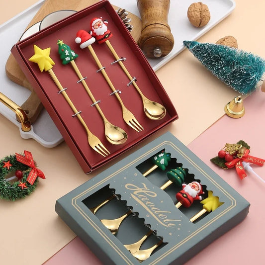 1/2/4/6pcs fancy christmas cartoon Doll gift sets stainless steel christmas tableware coffee spoon and fork set with gift box Peaceful Pleasures Health and Wellness
