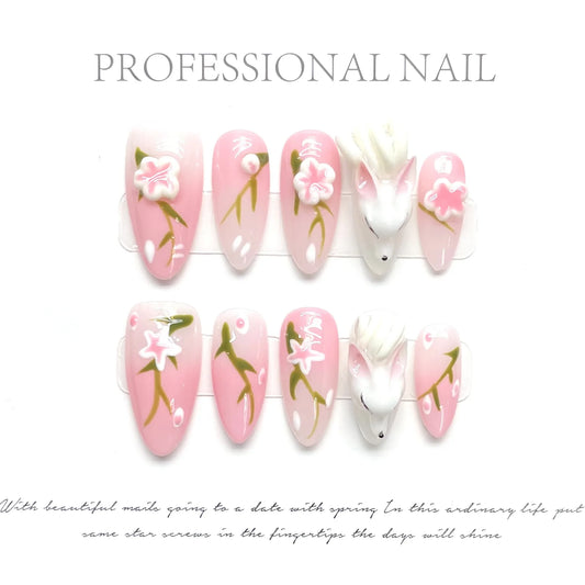 Handmade Press on Nails Sweet Pink Almond Fake Nails Cute 3D White Rabbit Flowers Design Fake Nail Tips Wearable Manicure Set Peaceful Pleasures Health and Wellness L 2