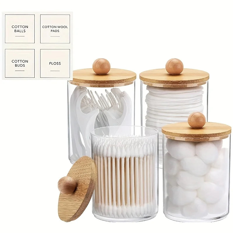 Qtip Holder Apothecary Jars with Wood Lids – 4 Pack Clear Plastic Vanity Organizer Storage Containers (10 oz)