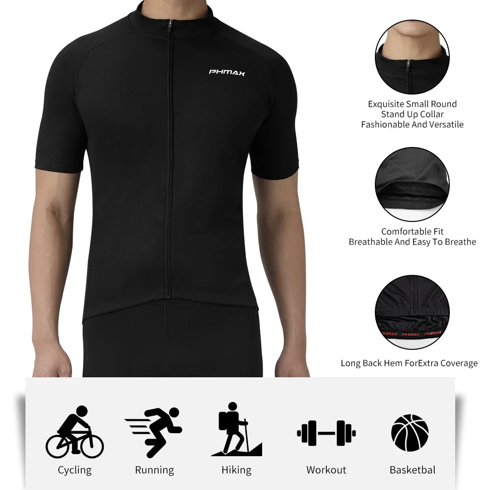 PHMAX Men's Black Cycling Jersey – Short Sleeve, UV Protection