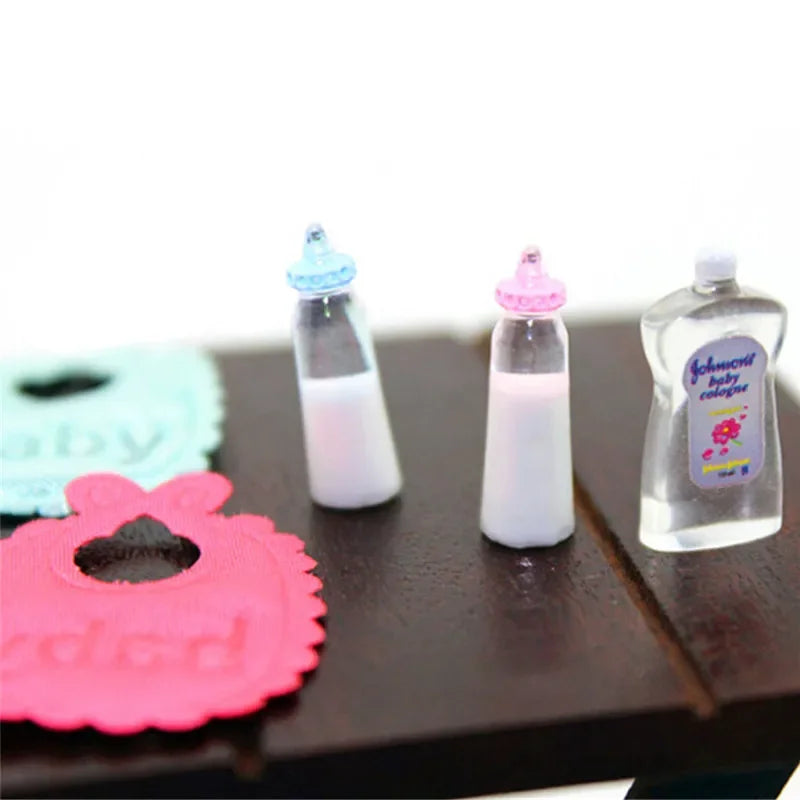 1:12 Dollhouse Miniature Baby Nursery Set – Bottles, Bibs & Shampoo