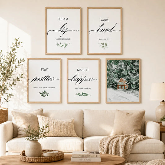 Nordic Wall Art Motivational Typography Snowy Forest Canvas Painting Nordic Style Poster Prints Bedroom Living Room Wall Decor Peaceful Pleasures Health and Wellness