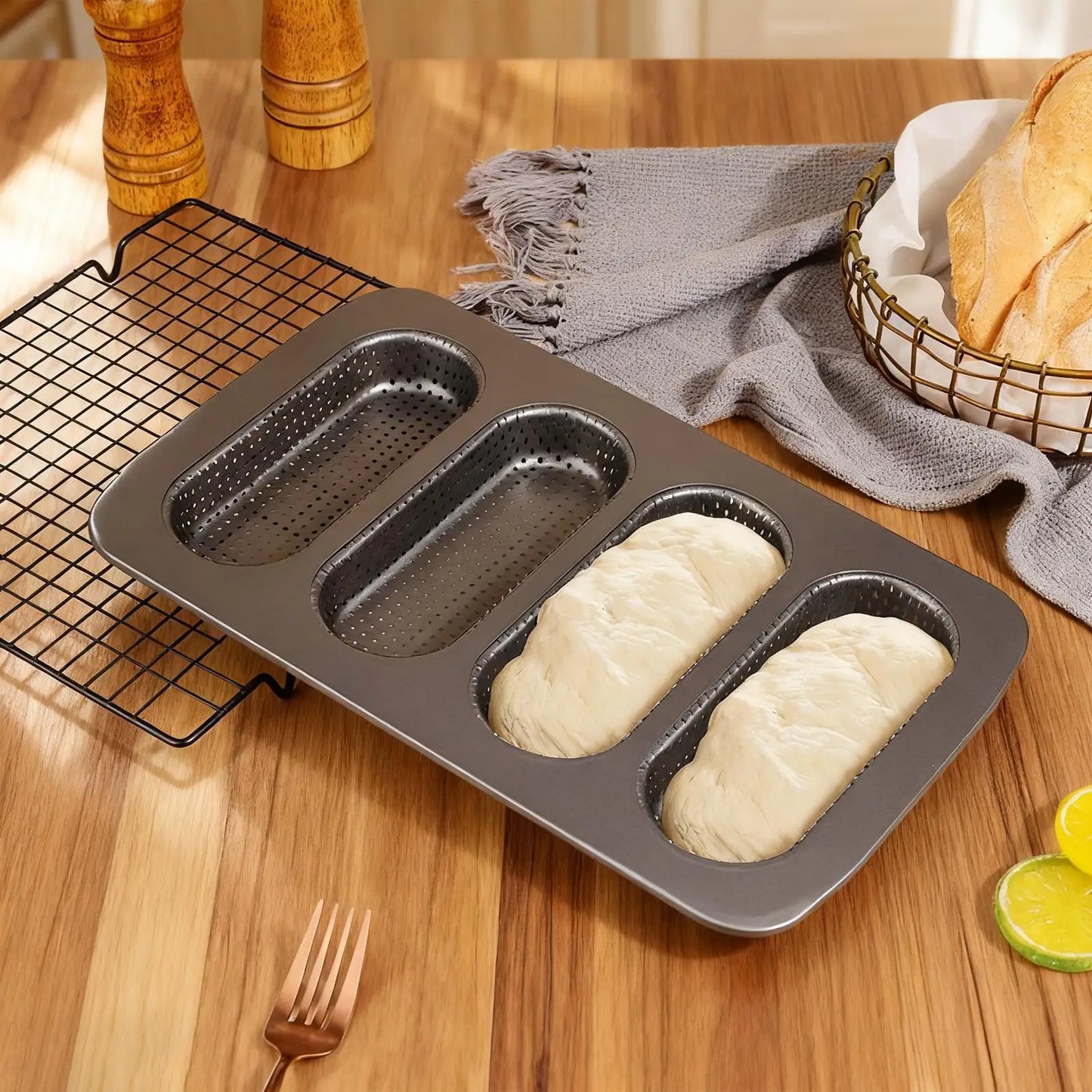 4-Cavity Carbon Steel Non-Stick Hot Dog Bun Baking Pan Bun Baking Pan Peaceful Pleasures Health and Wellness