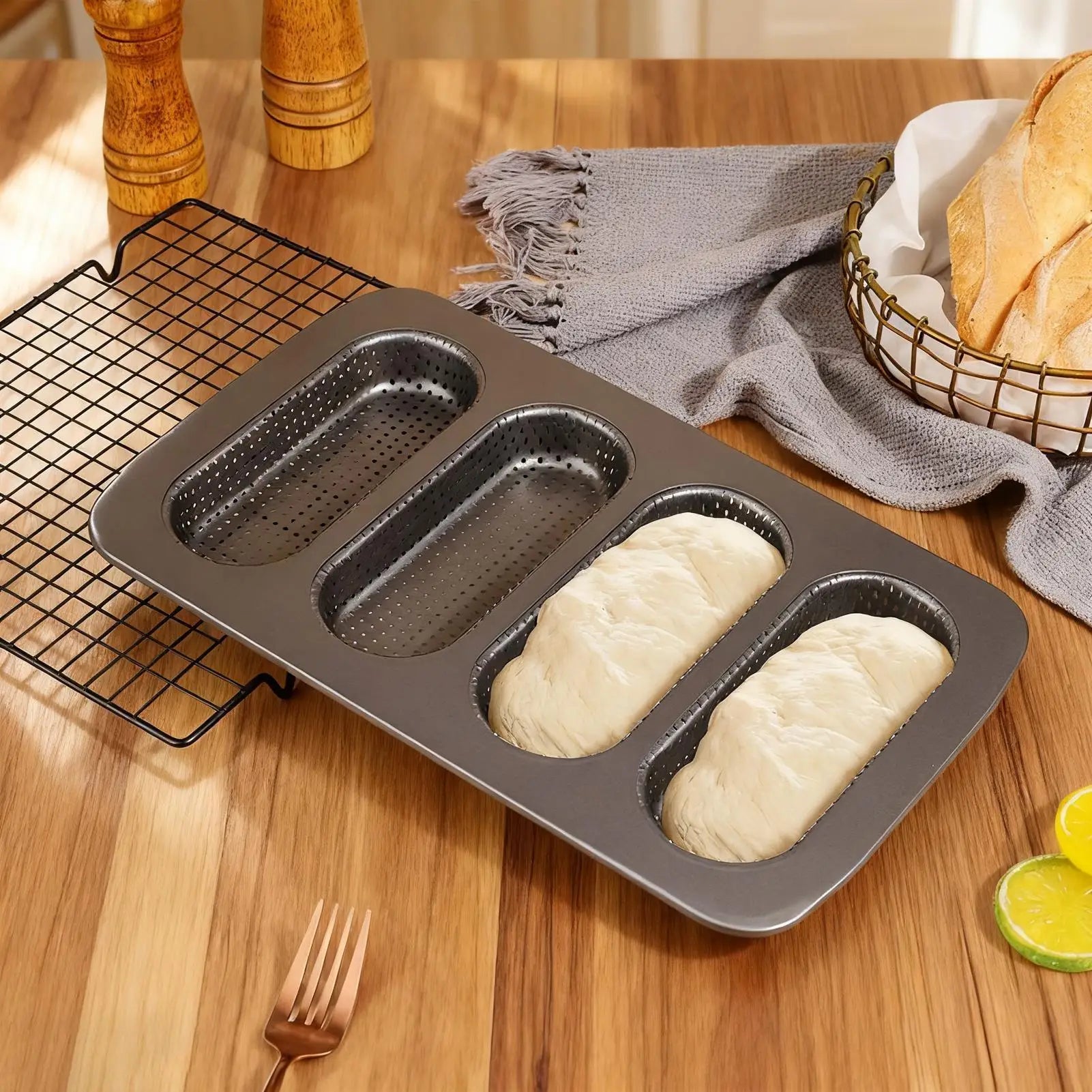 4-Cavity Carbon Steel Non-Stick Hot Dog Bun Baking Pan Bun Baking Pan Peaceful Pleasures Health and Wellness
