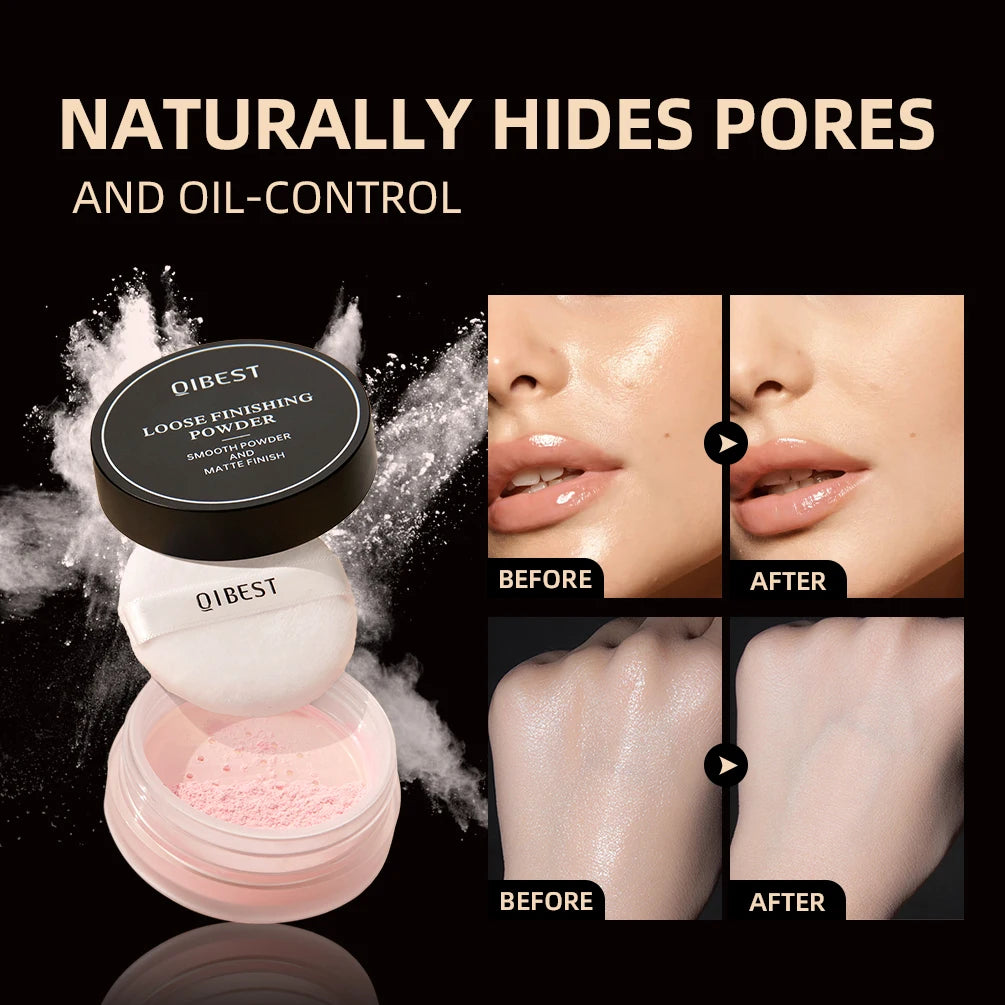 QIBEST 4 Colors Loose Powder Waterproof Oil-Control Matte Finish Compact Setting Powder Long-Lasting Invisible Pores Face Makeup Peaceful Pleasures Health and Wellness