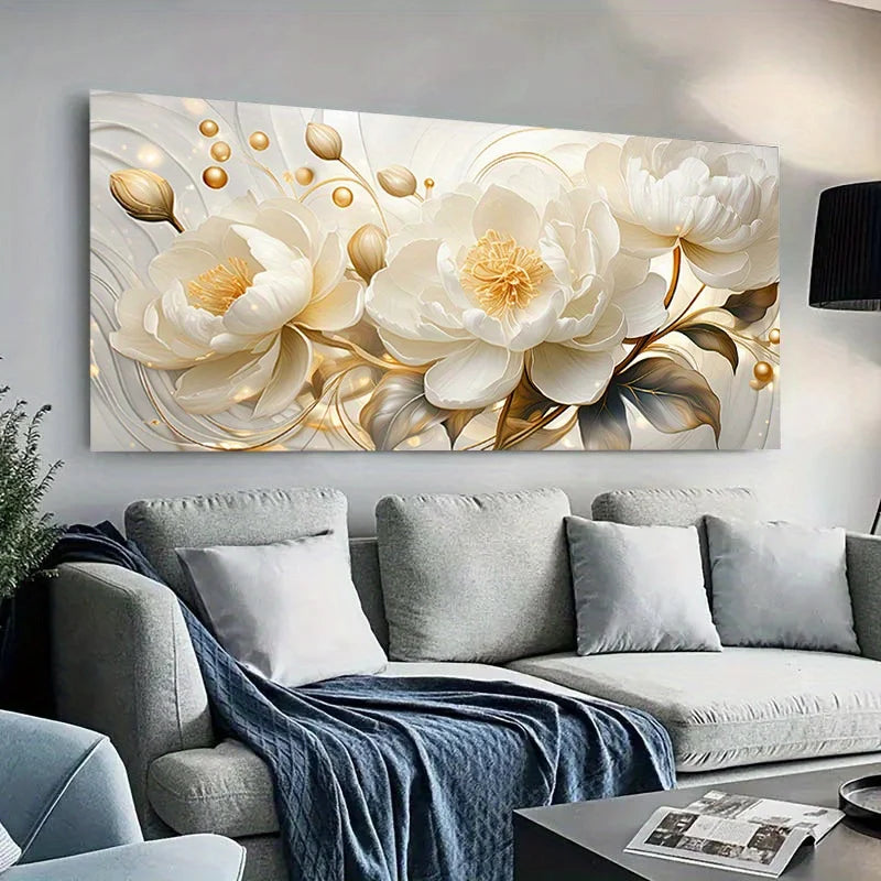 Elegant Style Large Frameless White Floral Canvas Wall Art Modern Decor for Living Room & Bedroom, Perfect for Home Aesthetic Peaceful Pleasures Health and Wellness