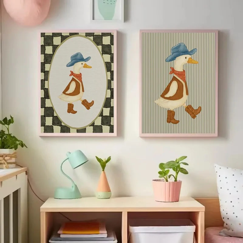 Vintage Cowboy Silly Goose Western Duck Frog Animals Cartoon Poster Canvas Painting Wall Art Pictures Home Bedroom Decor Peaceful Pleasures Health and Wellness