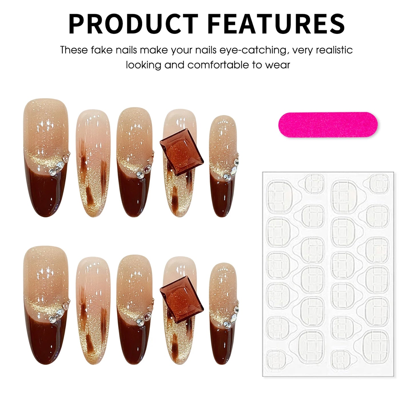 Long French Press-On Nails Brown Sugar Diamond Square Tips