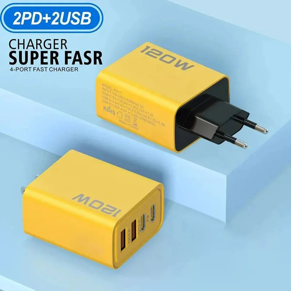 120W 4-Port USB-C Fast Charger PD QC3.0 | US EU UK Plug