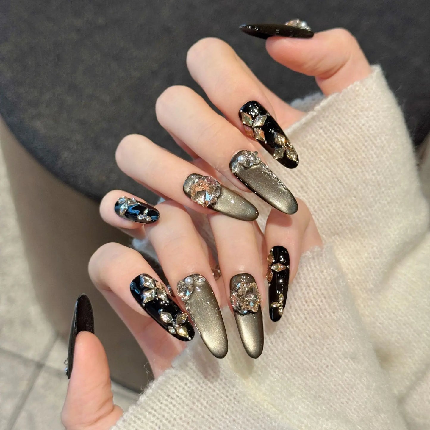 10pcs Handmade Press On Nails Retro Maillard Fake Nails Wearable Light Luxury Diamond Decor Flash Gold Cat's Eye False Nails Tip Peaceful Pleasures Health and Wellness M 2