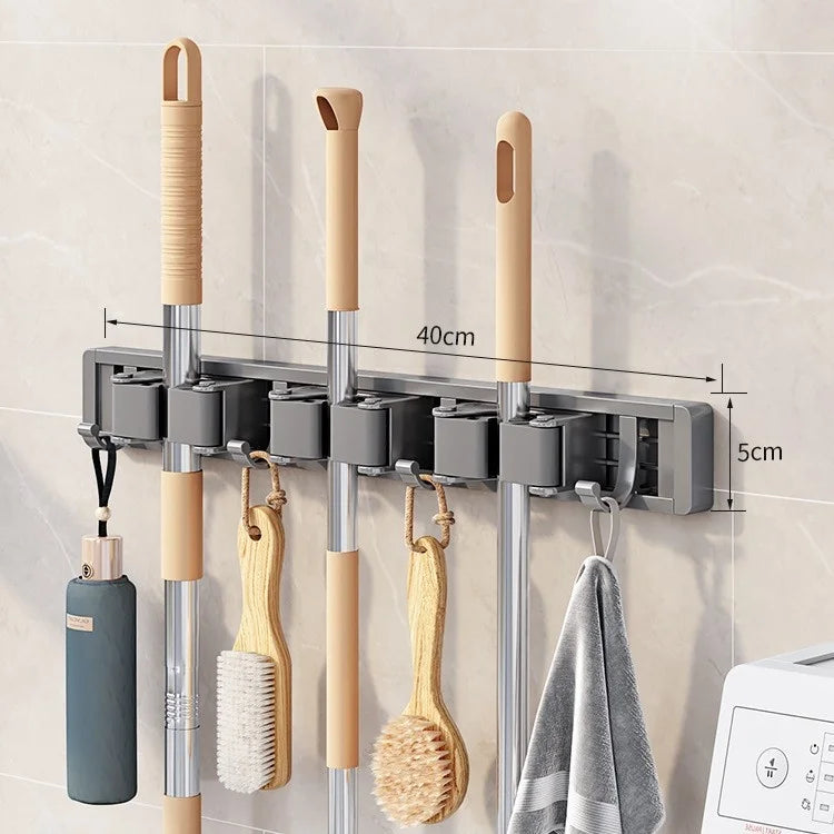 Wall Mounted Mop and Broom Organizer Mop Holder Rack Mop Holder Strong Broom Holder Self with 5 Hooks Organizers Hang Broom Peaceful Pleasures Health and Wellness 3 clips and 4 hooks