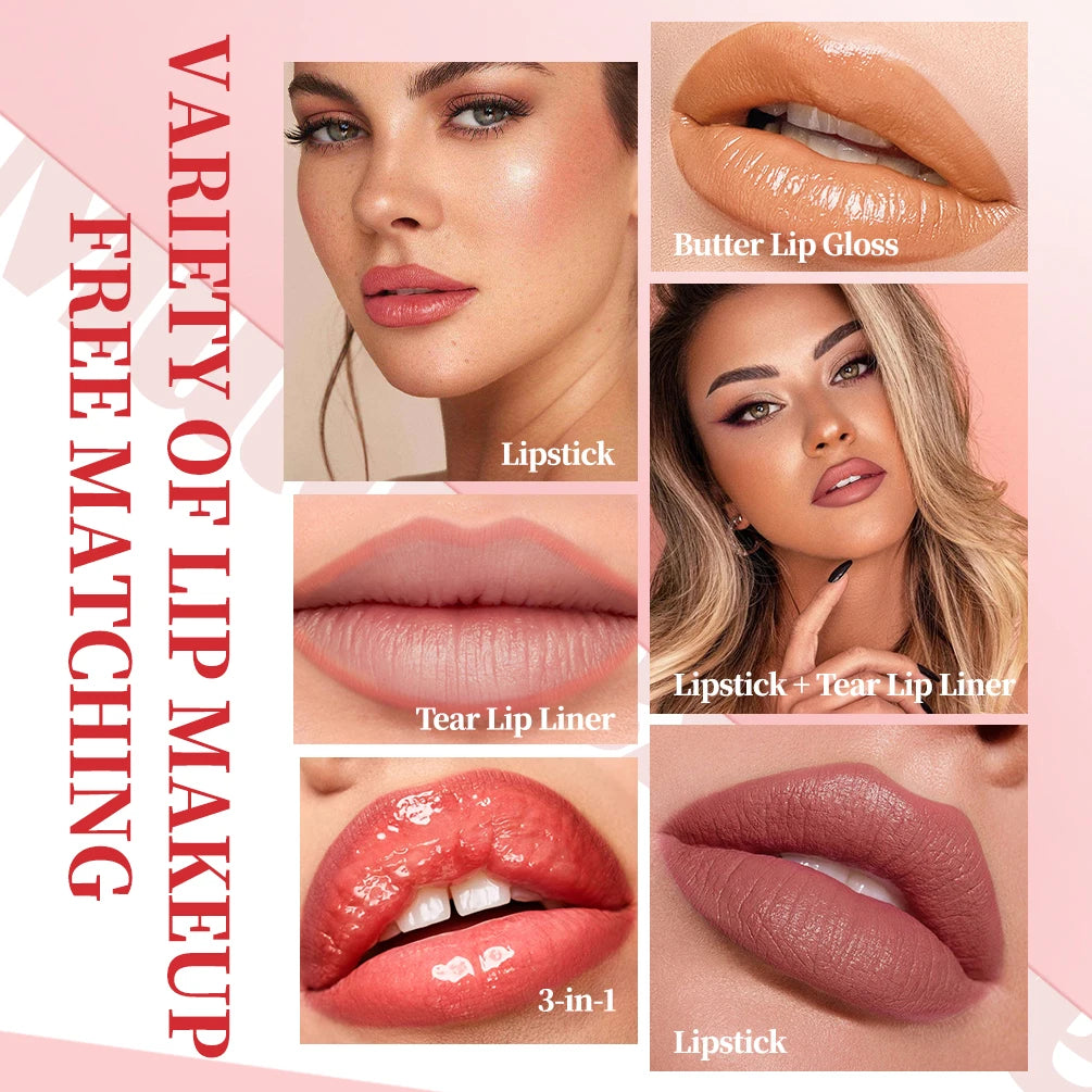 QIBEST 9pcs Lip Makeup Sets Include Lipstick+Tear Lip Liner+Butter Lip Gloss Nude Velvet Lip Glaze Tint Lasting Makeup Kits Peaceful Pleasures Health and Wellness